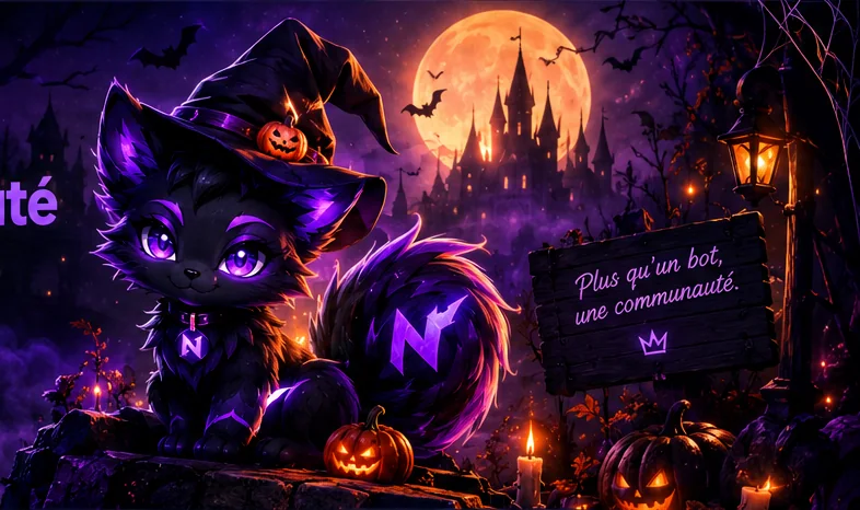 La mascotte Nylixa en sorcière, devant un château sous une lune orange